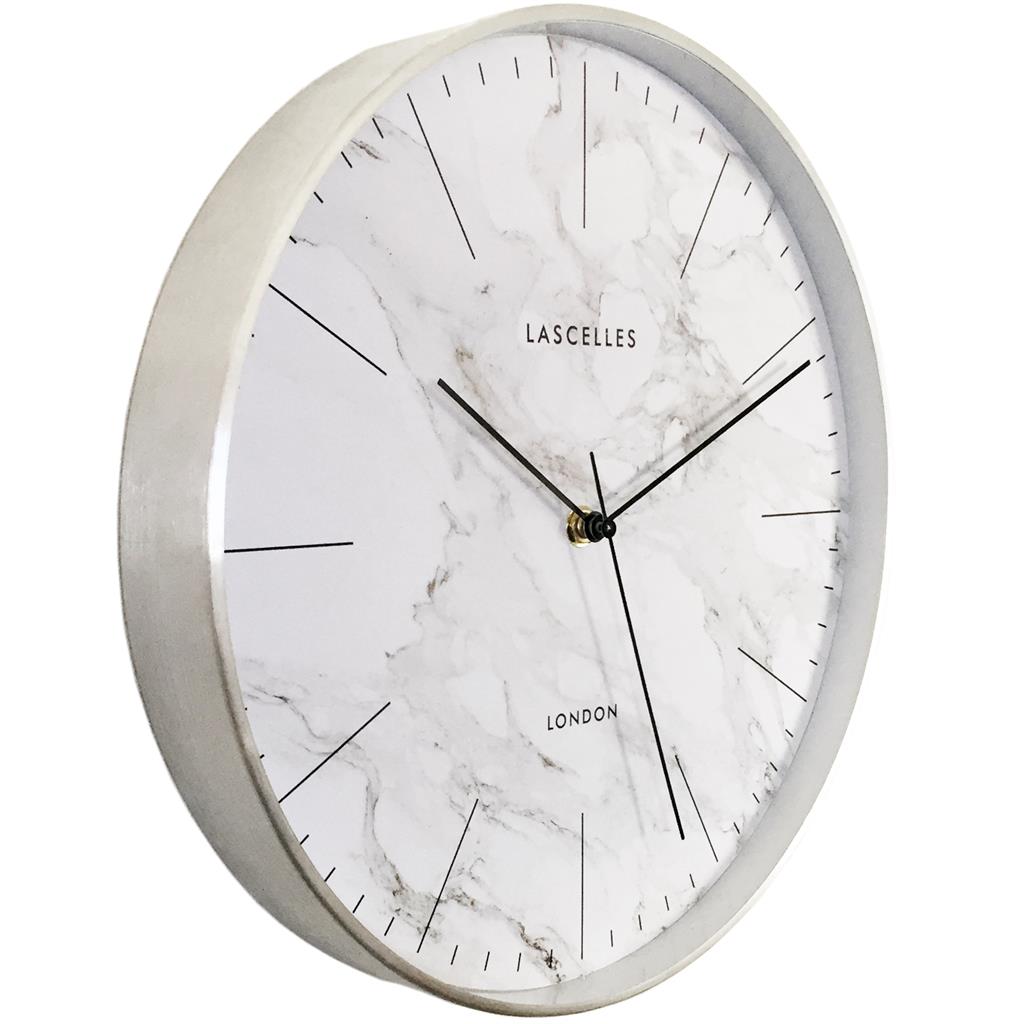 Brushed Chrome Metal Cased Wall Clock With Marble Effect Dial 31cm